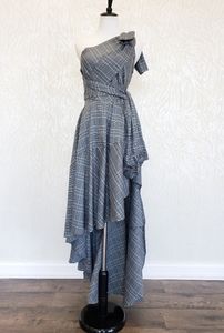 GREY CHECK PRINT HIGH AND LOW ASYMMETRIC DRESS